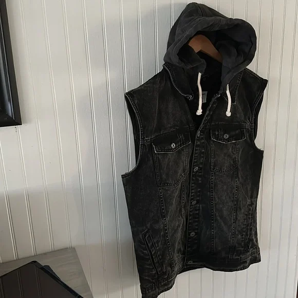 Pull & Bear Charcoal Gray Denim Hooded Vest Jacket XL - Picture 6 of 11